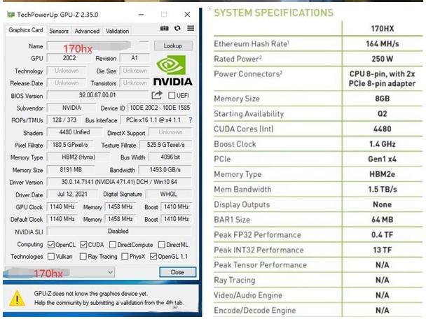 8GB 164mhs NVIDIA CMP 170hx  PCI Express 3.0 X16 256 Bit 0